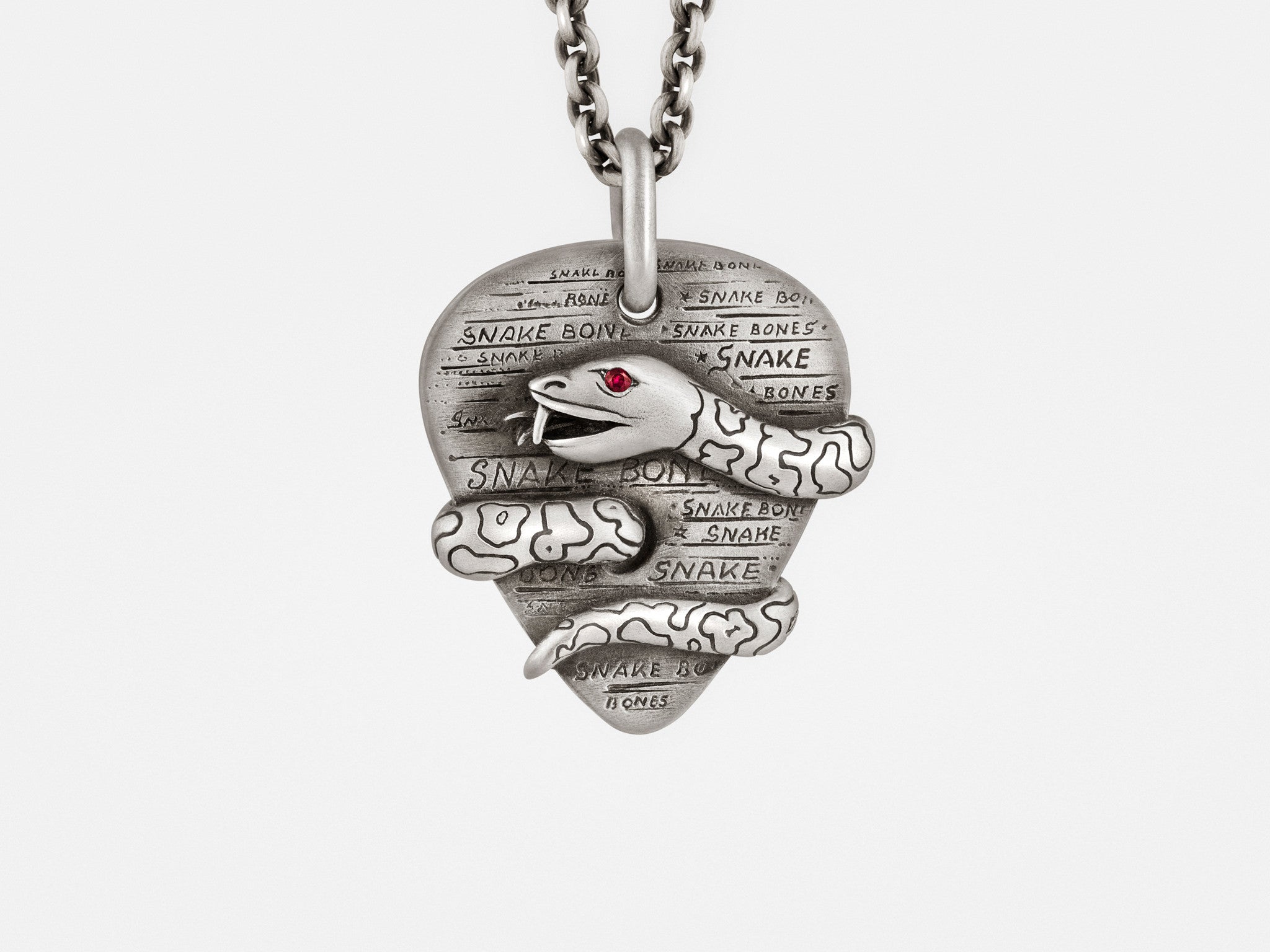 Plectrum (Guitar Pick) Pendant with Snake, Red Eye on Silver Chain