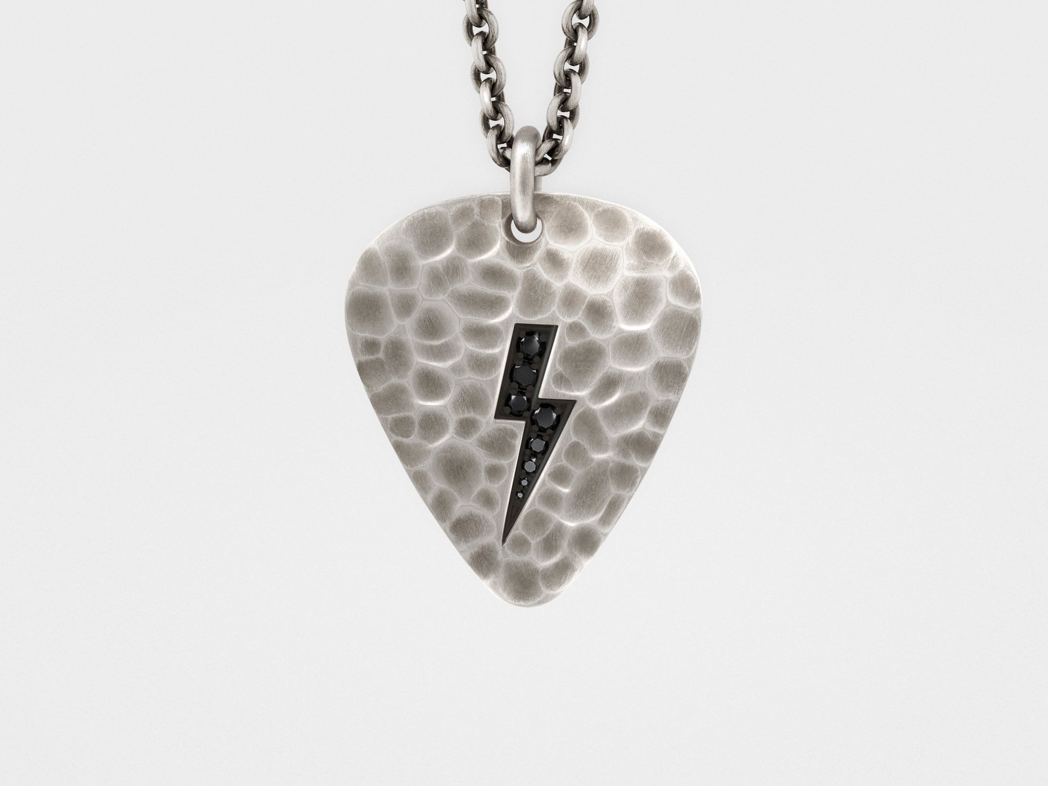 Lightning Bolt Plectrum (Guitar Pick) Pendant with Black Crystal