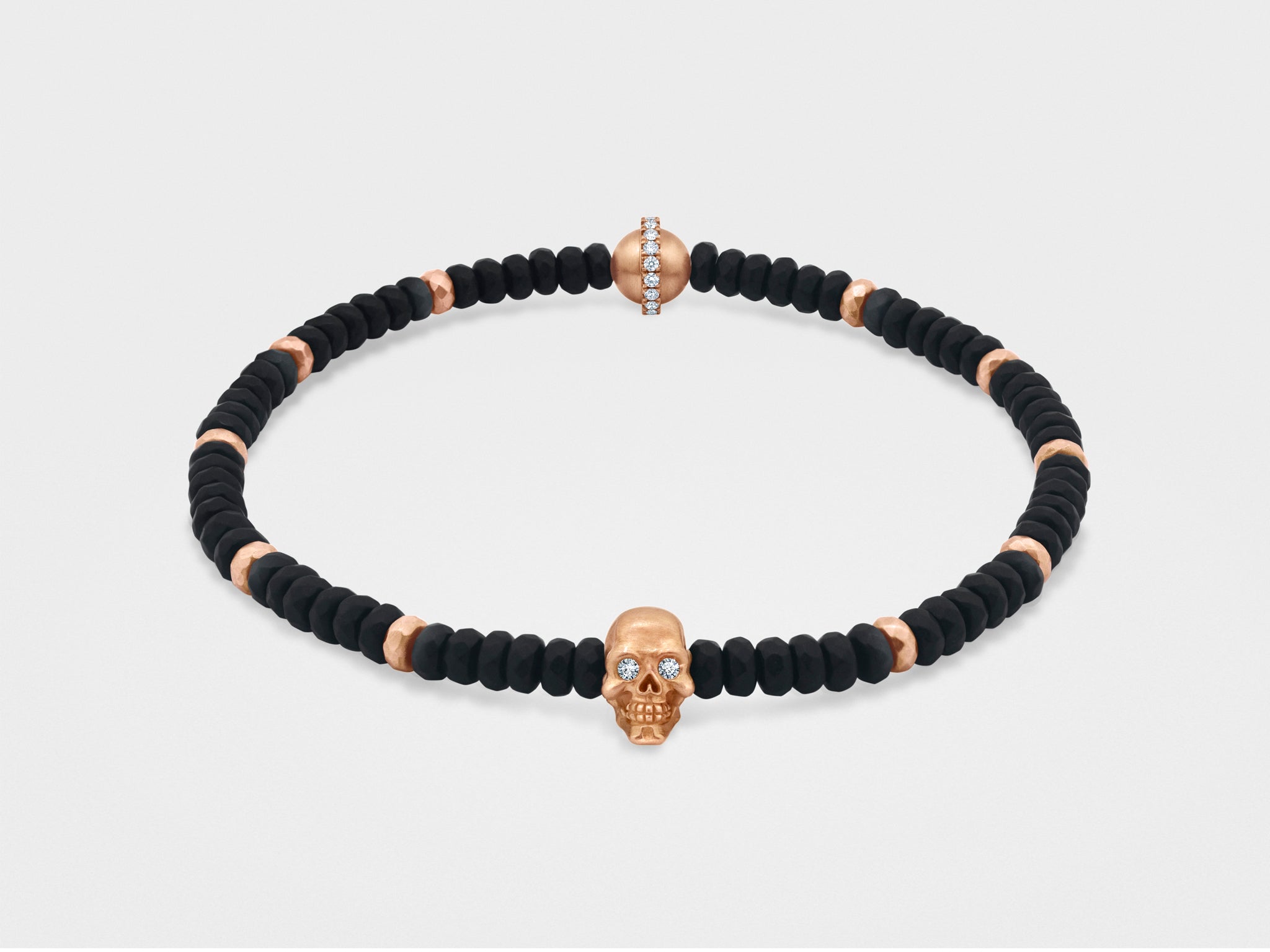 Skull Bracelet in Gold with Black Faceted Bead and Gold Beads