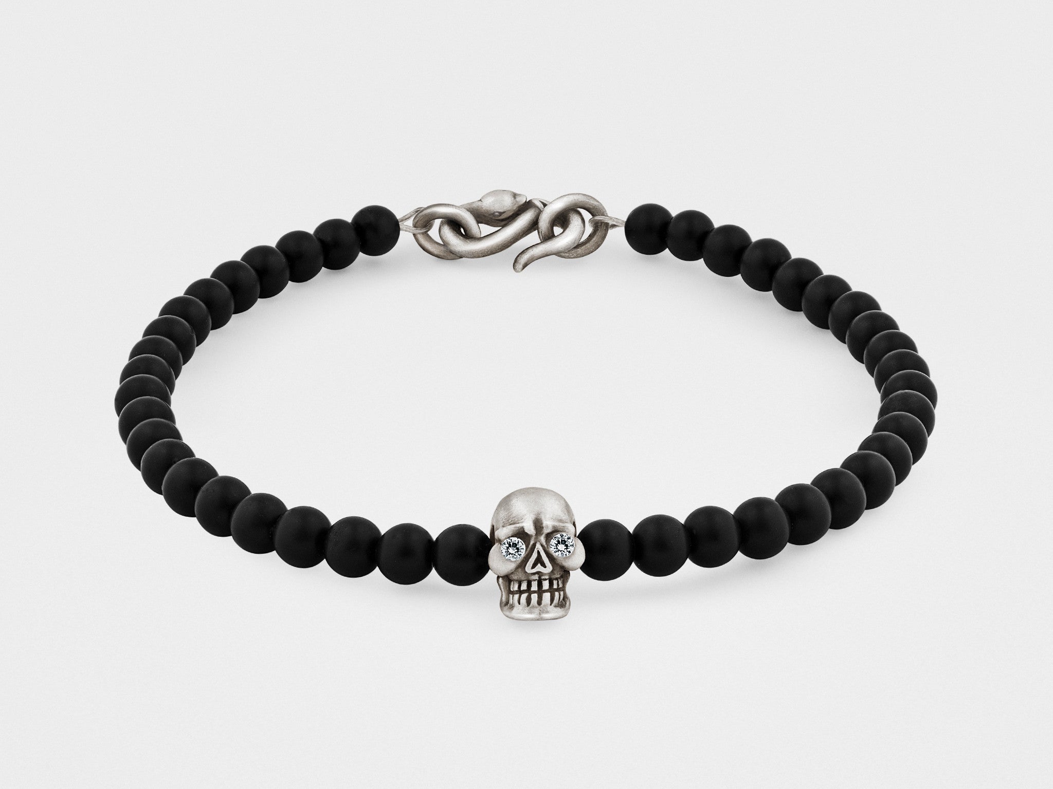 Skull Bracelet in Silver with Clear Eyes, Black Bead and Snake Clasp