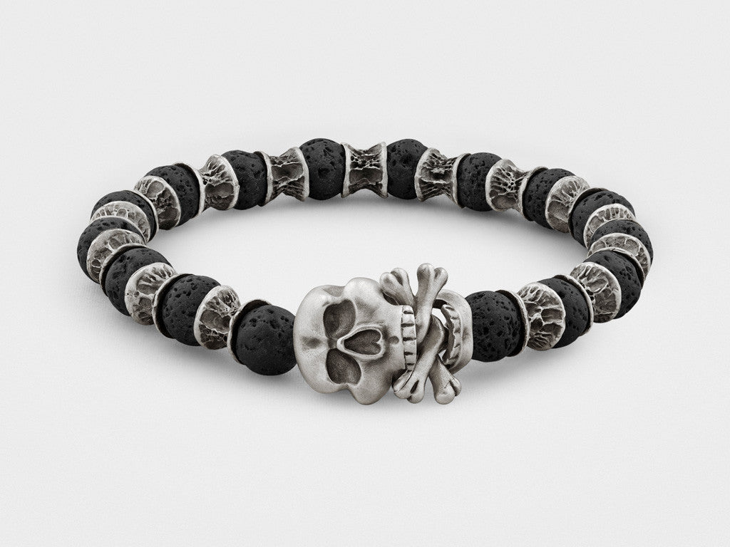 Silver Skull and Bones, Lava Beads Bracelet