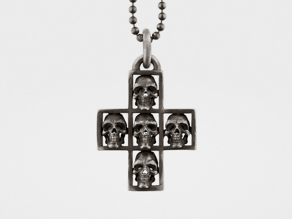 Multi Skull Cross Pendant Necklace in Silver
